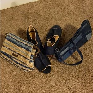 Women’s Denim Peep toe Heels, size 10 and Handbags